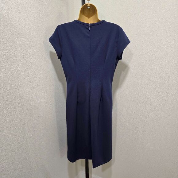 Cocktail Date Dress Womens 8 Sequin Lace Cut Out Short Sleeve Navy Blue Guest - Picture 2 of 9